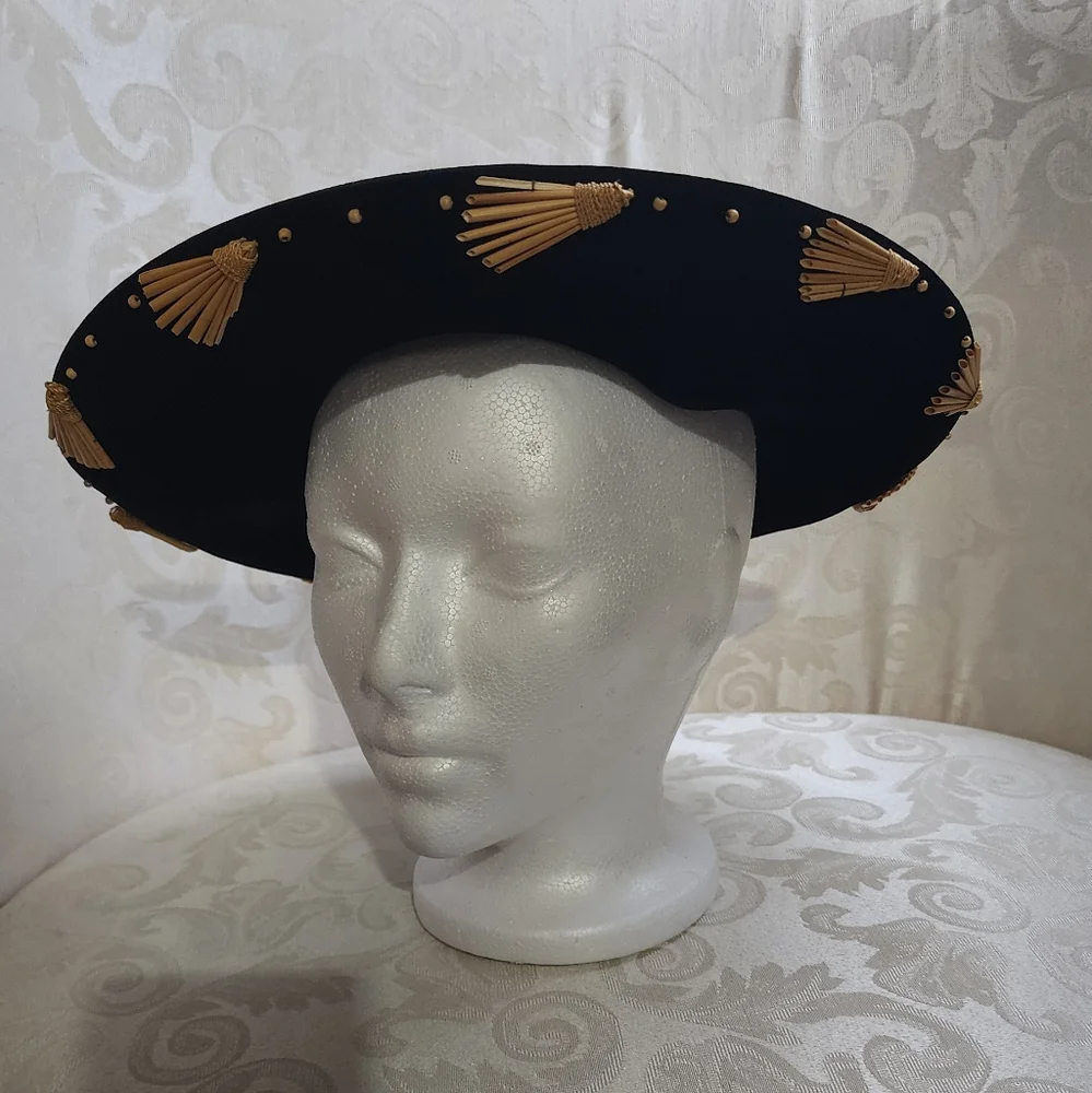 Stephen Anne Custom Black Velvet Straw Hat Wide Brim Gold Tassel Trim